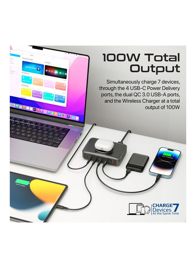 بروميت - محطة شحن، شاحن كمبيوتر محمول GaNFast 100 واط 7 في 1 مع 4 منافذ USB-C لتوصيل الطاقة، ومنافذ QC 3.0 مزدوجة بقدرة 30 واط، وشاحن لاسلكي بقدرة 15 واط وشحن متكيف - Image 1