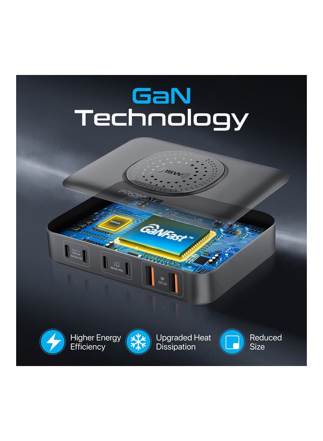 بروميت - محطة شحن، شاحن كمبيوتر محمول GaNFast 100 واط 7 في 1 مع 4 منافذ USB-C لتوصيل الطاقة، ومنافذ QC 3.0 مزدوجة بقدرة 30 واط، وشاحن لاسلكي بقدرة 15 واط وشحن متكيف - Image 1