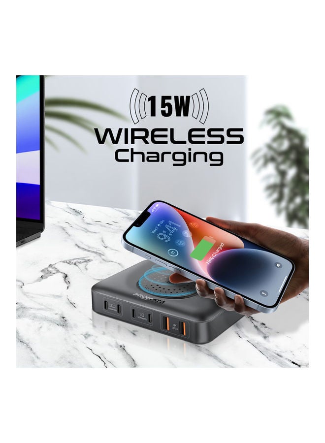 بروميت - محطة شحن، شاحن كمبيوتر محمول GaNFast 100 واط 7 في 1 مع 4 منافذ USB-C لتوصيل الطاقة، ومنافذ QC 3.0 مزدوجة بقدرة 30 واط، وشاحن لاسلكي بقدرة 15 واط وشحن متكيف - Image 1