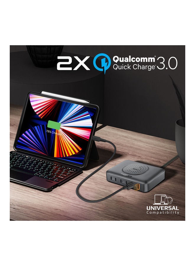 بروميت - محطة شحن، شاحن كمبيوتر محمول GaNFast 100 واط 7 في 1 مع 4 منافذ USB-C لتوصيل الطاقة، ومنافذ QC 3.0 مزدوجة بقدرة 30 واط، وشاحن لاسلكي بقدرة 15 واط وشحن متكيف - Image 1