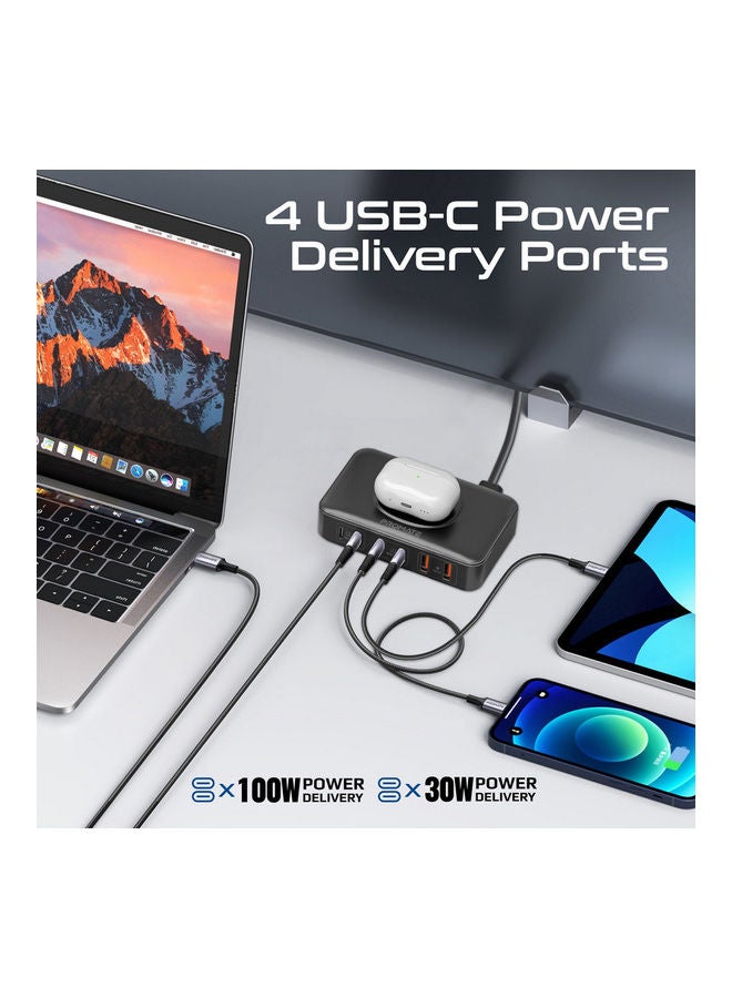 بروميت - محطة شحن، شاحن كمبيوتر محمول GaNFast 100 واط 7 في 1 مع 4 منافذ USB-C لتوصيل الطاقة، ومنافذ QC 3.0 مزدوجة بقدرة 30 واط، وشاحن لاسلكي بقدرة 15 واط وشحن متكيف - Image 1