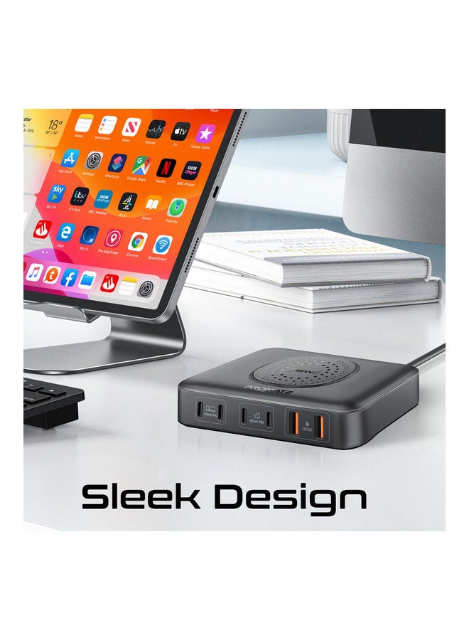 بروميت - محطة شحن، شاحن كمبيوتر محمول GaNFast 100 واط 7 في 1 مع 4 منافذ USB-C لتوصيل الطاقة، ومنافذ QC 3.0 مزدوجة بقدرة 30 واط، وشاحن لاسلكي بقدرة 15 واط وشحن متكيف - Image 1