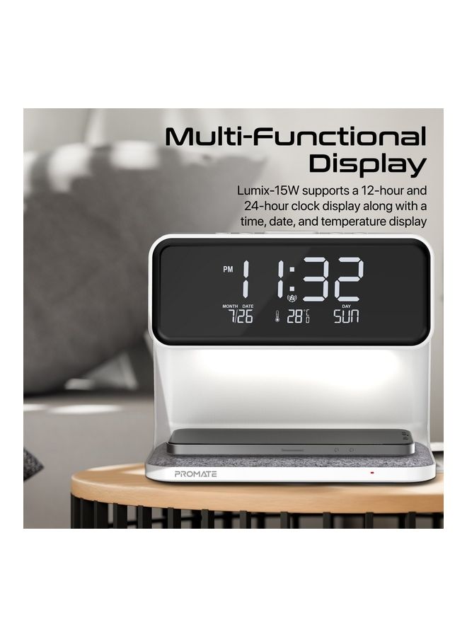 PROMATE - Wireless Charging Alarm Clock With Ultra-Fast 15W Qi Wireless Charger And 3-Level LED Light White - Image 1