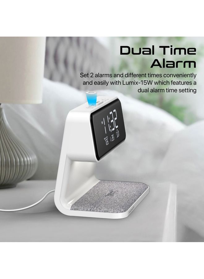 PROMATE - Wireless Charging Alarm Clock With Ultra-Fast 15W Qi Wireless Charger And 3-Level LED Light White - Image 1