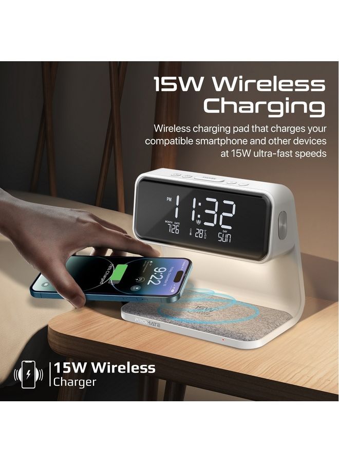 PROMATE - Wireless Charging Alarm Clock With Ultra-Fast 15W Qi Wireless Charger And 3-Level LED Light White - Image 1