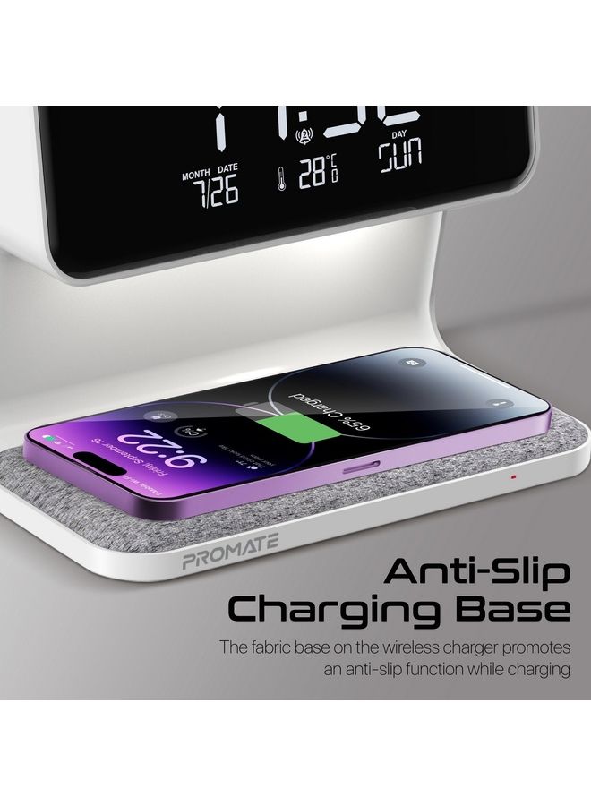 PROMATE - Wireless Charging Alarm Clock With Ultra-Fast 15W Qi Wireless Charger And 3-Level LED Light White - Image 1