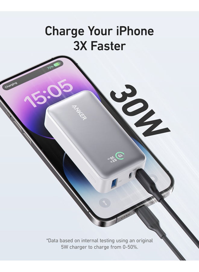 Anker - 10000 mAh Anker Power Bank, 533 Power Bank (PowerCore 30W), Power IQ 3.0 Portable Charger with PD 30W Max Output, 10,000mAh Battery Pack for iPhone 14 Series, Dell, Microsoft Surface, iPad Pro, and More White - Image 1