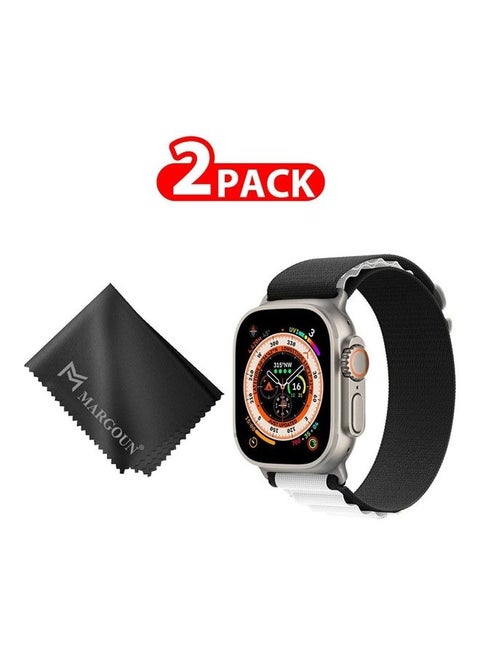 2 Packs Of Apple Watch Band And Microfiber Cloth Alpine Loop Band 49Mm 45Mm 44Mm 42Mm Women Men Adjustable With Metal G-Hook Strap For iWatch Ultra Series SE 8/7/6/5/4/3/2/1 Black/White