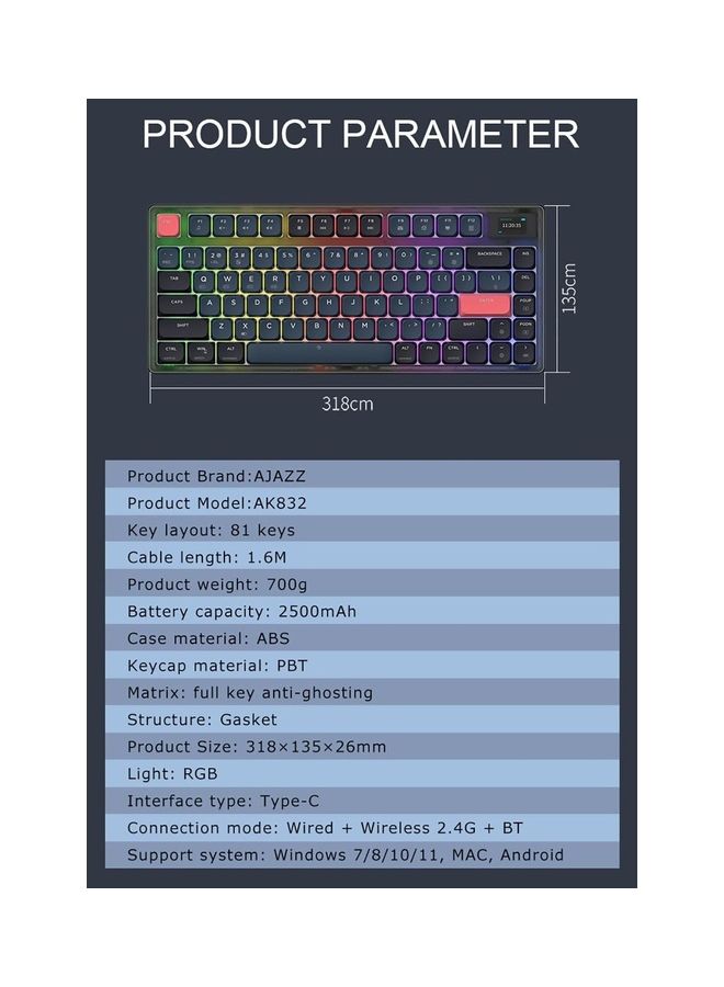 75% لوحة مفاتيح RGB سلكية منخفضة المستوى تعمل بتقنية Bluetooth 5.1/2.4G ومثبتة على حشية من النوع C مع شاشة LED (مفتاح أزرق) - v1692163915/N53428687A_7