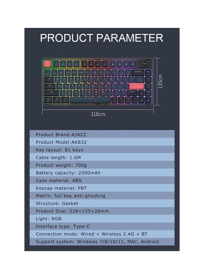 Ajazz - 75% Gasket-mounted Bluetooth 5.1/2.4G Wireless & Type-C Wired Low-profile RGB Keyboard with LED Screen(Blue Switch) - Image 1