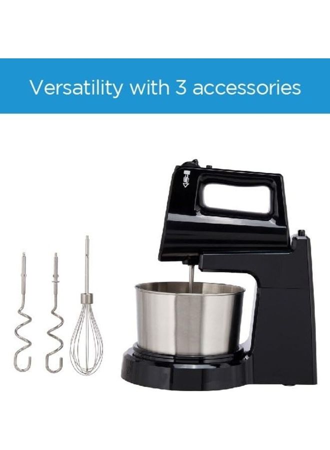 Midea - Stand Mixer Hand Mixer (Electric Whisk) with 2L Stainless Steel Rotary Bowl, 5 Speeds + Turbo Button, Twin Stainless Steel Kneader & Beater for Mixing, Whipping, Whisking, Kneading 400 W HM0293A Black - Image 1
