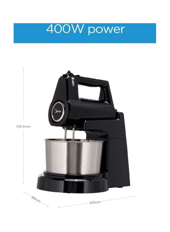 Midea - Stand Mixer Hand Mixer (Electric Whisk) with 2L Stainless Steel Rotary Bowl, 5 Speeds + Turbo Button, Twin Stainless Steel Kneader & Beater for Mixing, Whipping, Whisking, Kneading 400 W HM0293A Black - Image 1