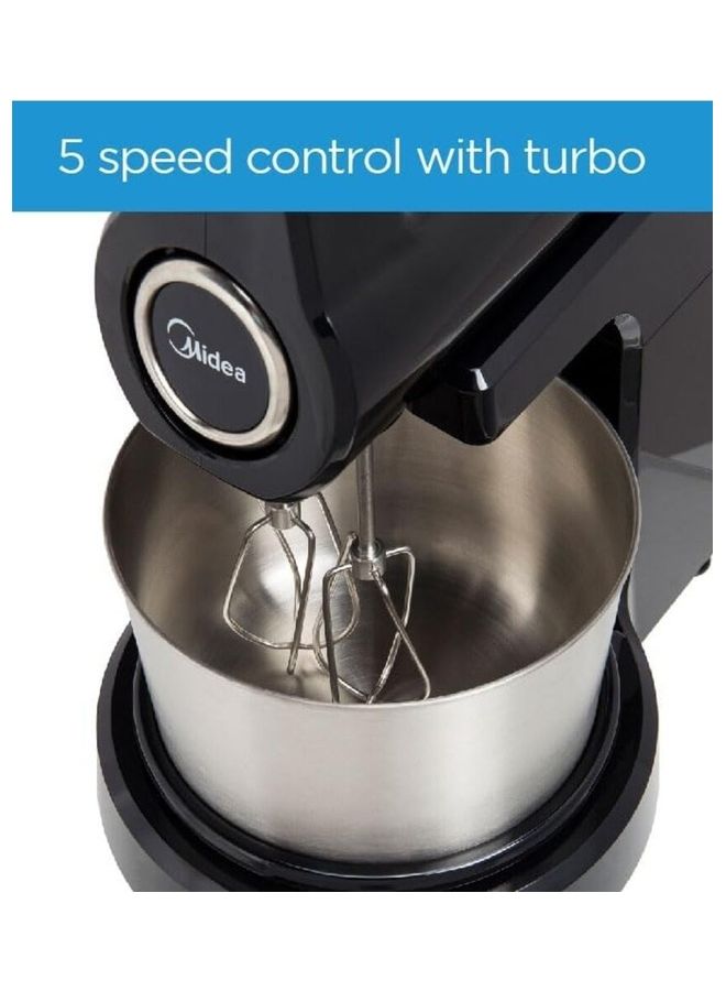 Midea - Stand Mixer Hand Mixer (Electric Whisk) with 2L Stainless Steel Rotary Bowl, 5 Speeds + Turbo Button, Twin Stainless Steel Kneader & Beater for Mixing, Whipping, Whisking, Kneading 400 W HM0293A Black - Image 1