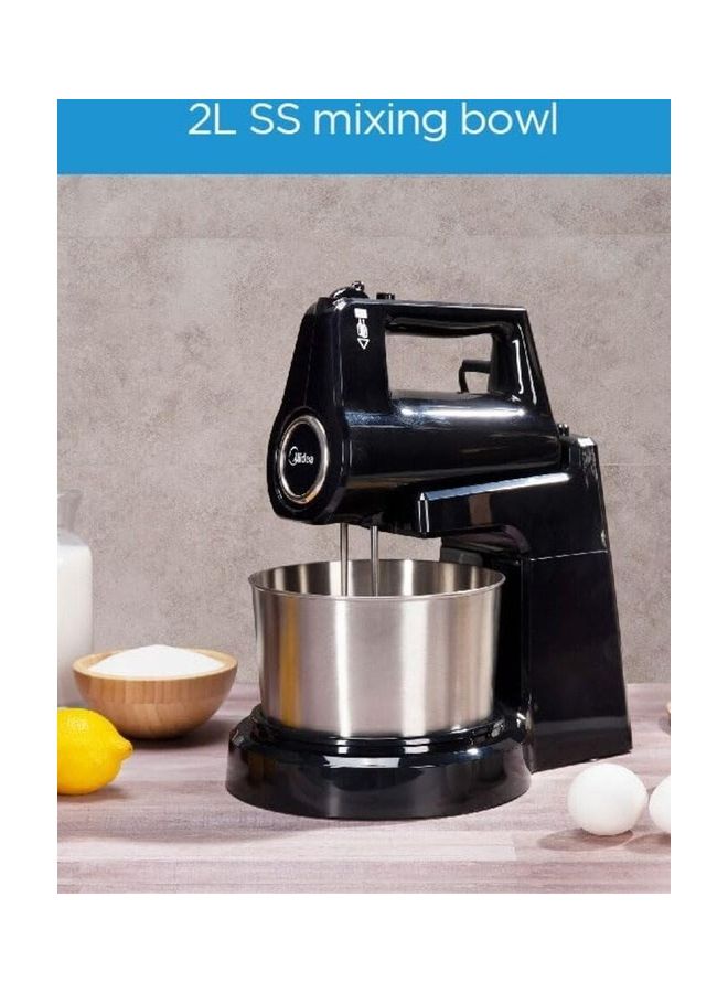 Midea - Stand Mixer Hand Mixer (Electric Whisk) with 2L Stainless Steel Rotary Bowl, 5 Speeds + Turbo Button, Twin Stainless Steel Kneader & Beater for Mixing, Whipping, Whisking, Kneading 400 W HM0293A Black - Image 1