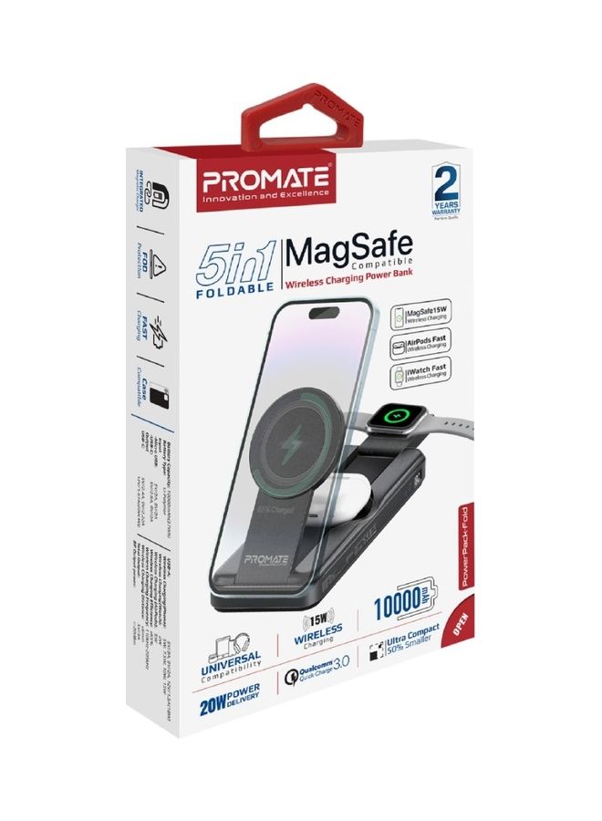 PROMATE - 10000 mAh 5-In-1 Foldable Design Power Bank With 15W MagSafe Compatible Charger Black - Image 1