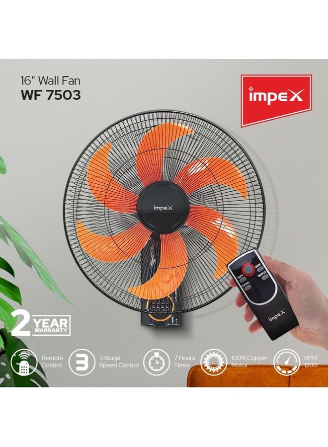 Impex - 3-Speed Selection Wall Fan,Remote Control ,Auto Protection, 6 Blades, Horizontal Oscillation 55 W WF 7503 Multicolour - Image 1