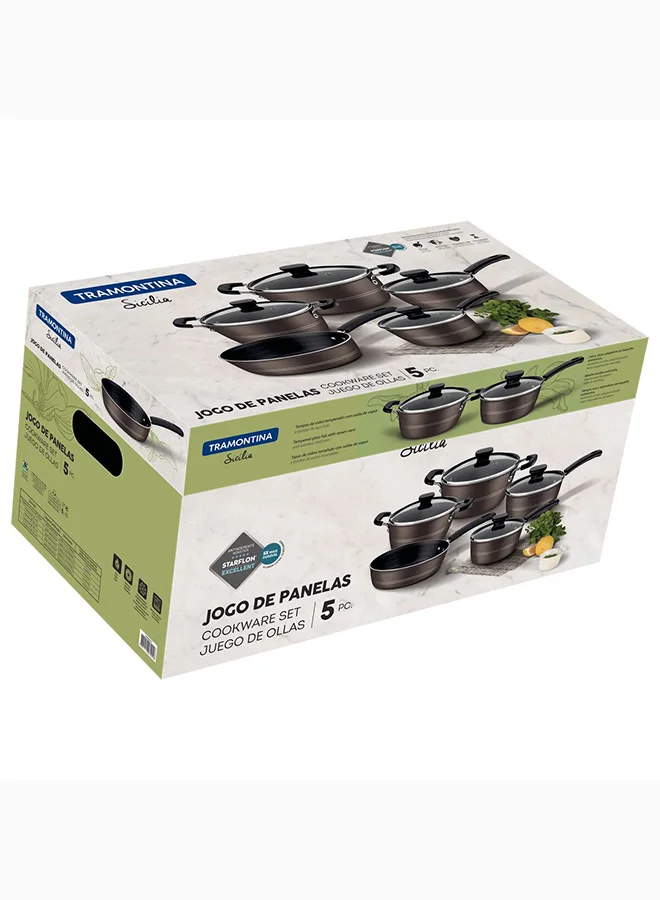 ترامونتينا Tramontina Sicilia 9 Pieces Hazelnut Aluminum Cookware Set with Interior and Exterior Starflon Excellent PFOA Free Nonstick Coating Hazelnut Large Casserole (24), Small Casserole (20), Large Sauce Pan (18), Small Sauce Pan (16), Deep Frying Pan (24)cm