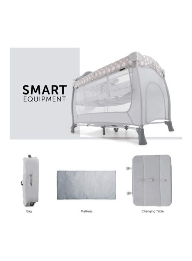 Baby Travel Cot Set Sleep And Play Center, Birth Up To 15 Kg, 120 X 60 Cm, Changing Table, 2nd Level, Wheels, Side Hatch, Foldable, Transport Bag - Teddy Grey