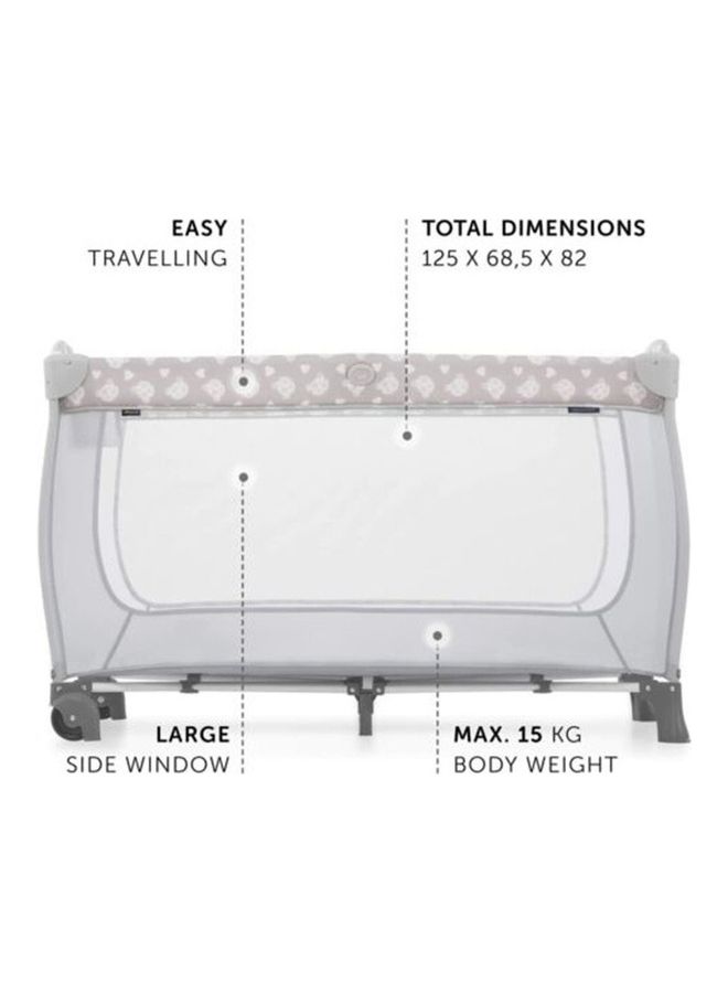 Baby Travel Cot Set Sleep And Play Center, Birth Up To 15 Kg, 120 X 60 Cm, Changing Table, 2nd Level, Wheels, Side Hatch, Foldable, Transport Bag - Teddy Grey