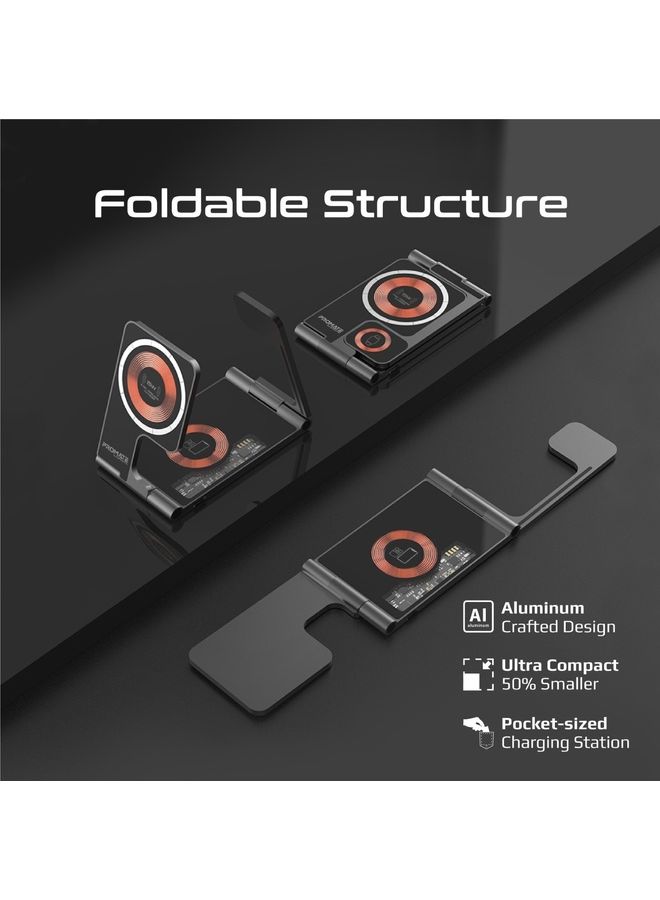 PROMATE - 3-In-1 Ultra-Slim Foldable Structure Wireless Charger Transparent MagSafe 15W Charging Station Black - Image 1