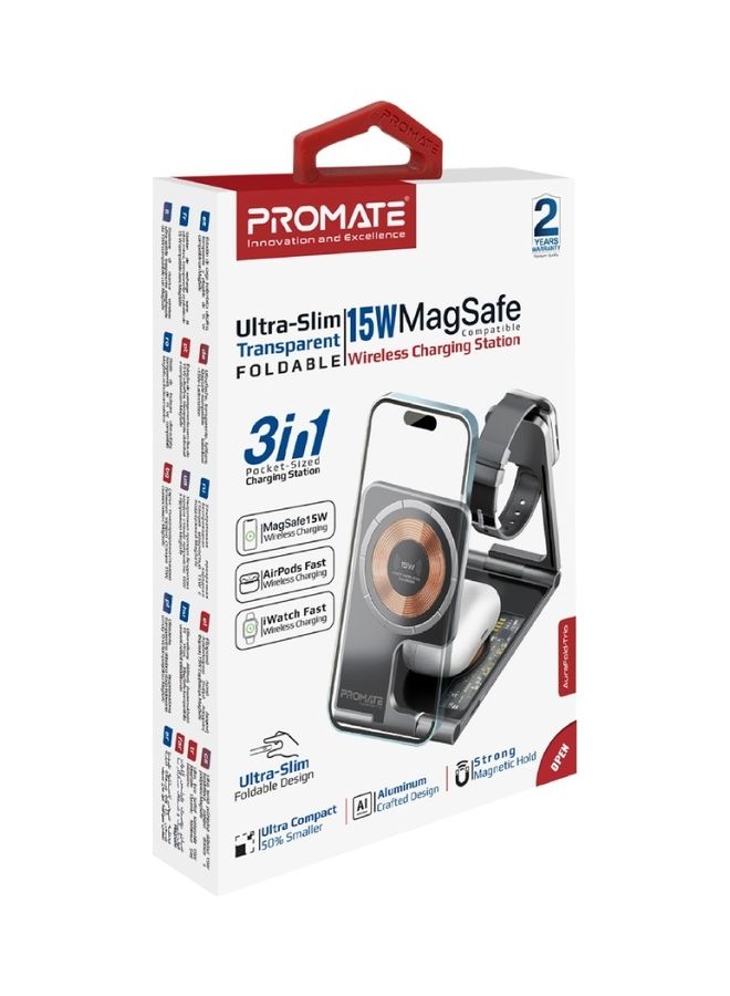 PROMATE - 3-In-1 Ultra-Slim Foldable Structure Wireless Charger Transparent MagSafe 15W Charging Station Black - Image 1