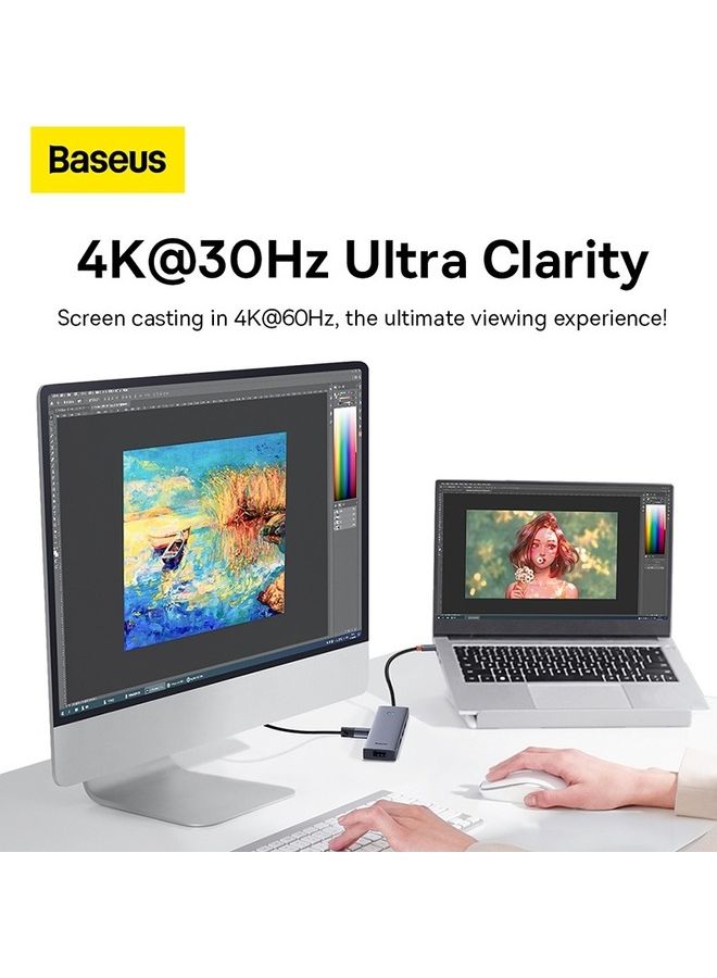Baseus 5 In 1 Type C Hub USB C Extension Dock To HD 4K 30Hz Video Output 4xUSB 3.0 For Laptop Computer Grey  - Image 3