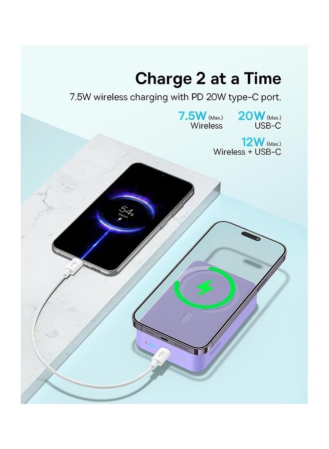 Baseus - 20000 mAh Magnetic Power Bank, PD 20W Portable Charger, Wireless Power Bank, Fast Charging with USB-C Cable, Magsafe Portable Charger, Fast Wireless Battery Pack with 20W USB-C for Apple iPhone 16 Pro/Max/Plus, 15/14/13/12 Series, Samsung Galaxy S24/S23/S22, AirPods, and More Purple - Image 1
