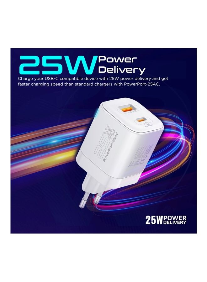 بروميت iPhone 15 Charger,Compact 25W USB-C Power Delivery AC Charger With 18W QC 3.0 Adaptive Smart Charging And Short-Circuit ProtectionGalaxy S23, iPad Air White White - Image 2
