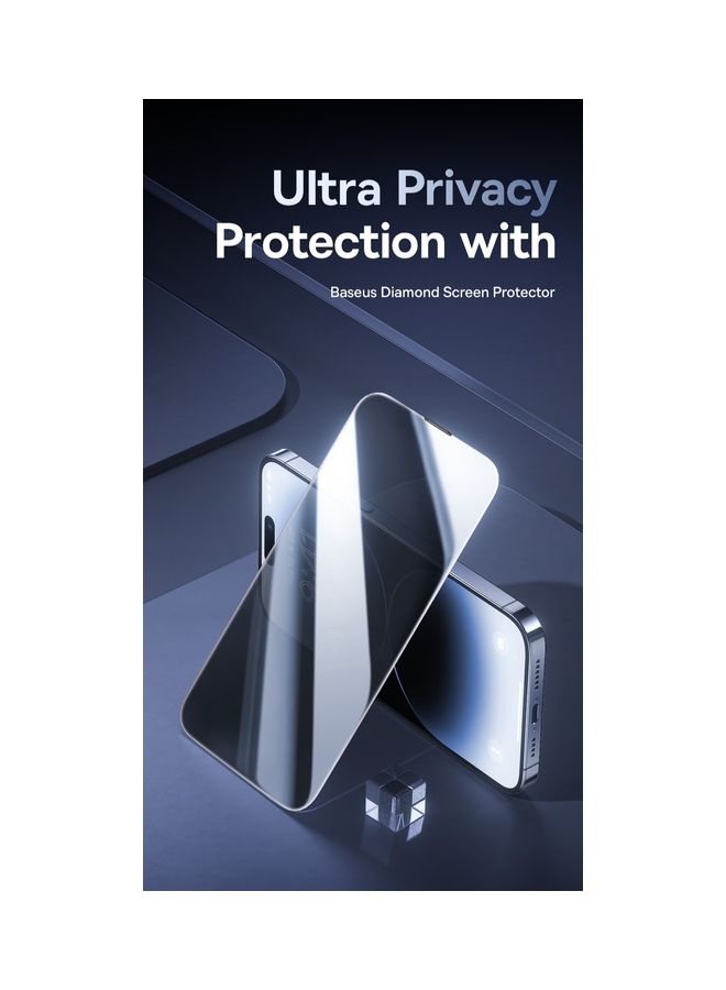 Baseus iPhone 15 Pro Max 6.7 Inch 9H Diamond Series Full-Coverage Privacy Protection Tempered Glass Screen Protector With Cleaning Kit And EasyStick Installation Tool Black  - Image 2