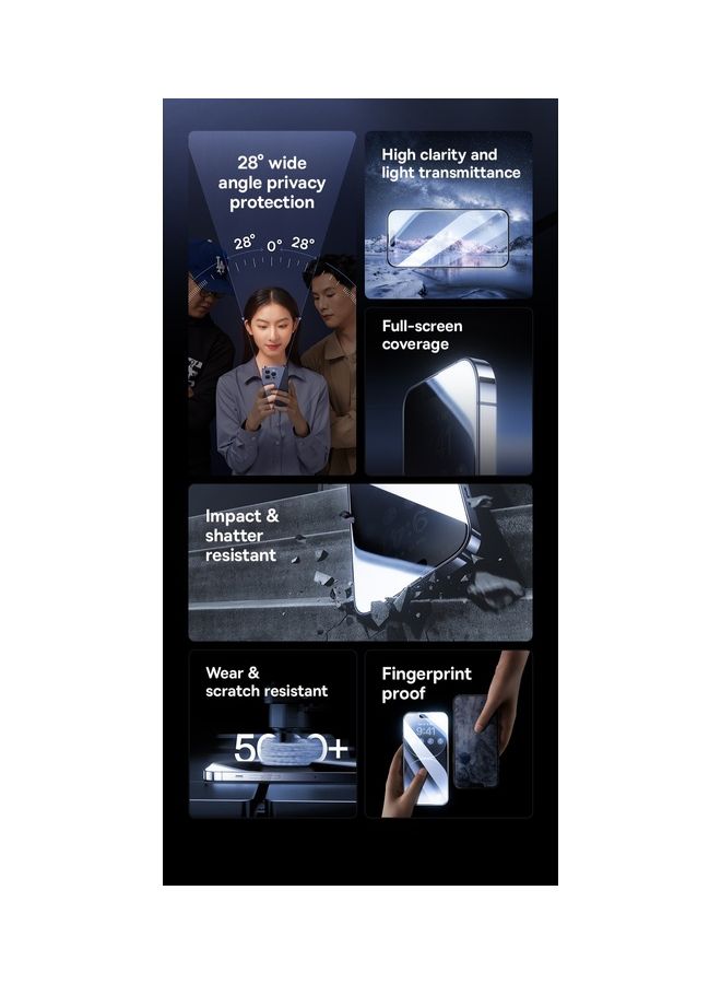 Baseus iPhone 15 Pro Max 6.7 Inch 9H Diamond Series Full-Coverage Privacy Protection Tempered Glass Screen Protector With Cleaning Kit And EasyStick Installation Tool Black  - Image 3