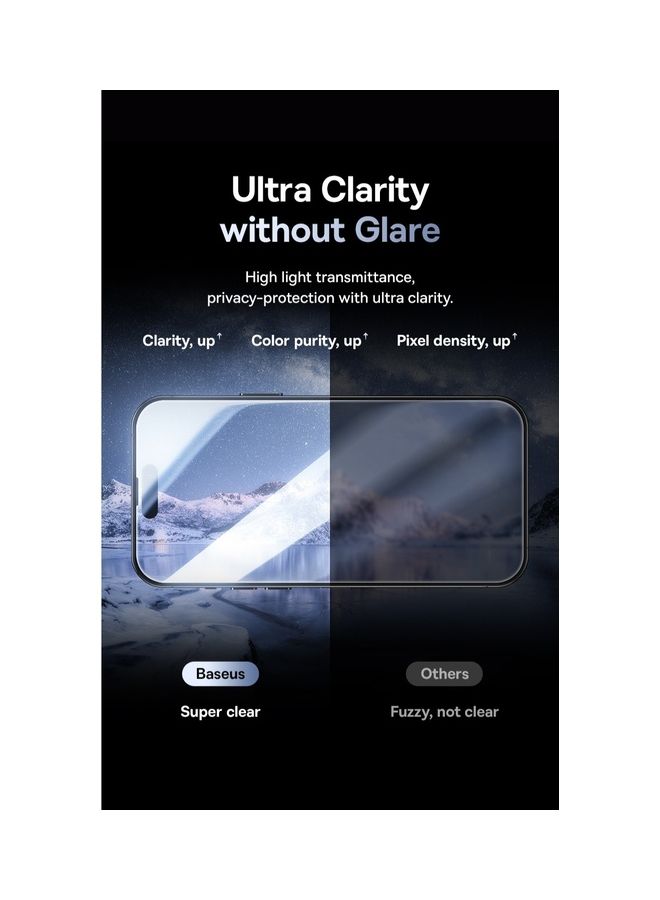 Baseus - iPhone 15 Pro Max 6.7 Inch 9H Diamond Series Full-Coverage Privacy Protection Tempered Glass Screen Protector With Cleaning Kit And EasyStick Installation Tool Black - Image 1