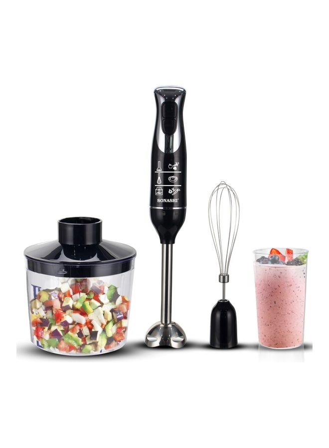 4-in-1 Hand Blender Chopper Whisker Mixer | Durable Stainless Steel Blade & Removable Stick | Comes with 700ml Plastic Jar, 500ml Chopper and Blending Wand | Power Watt 600 SHB-187JCW Black 