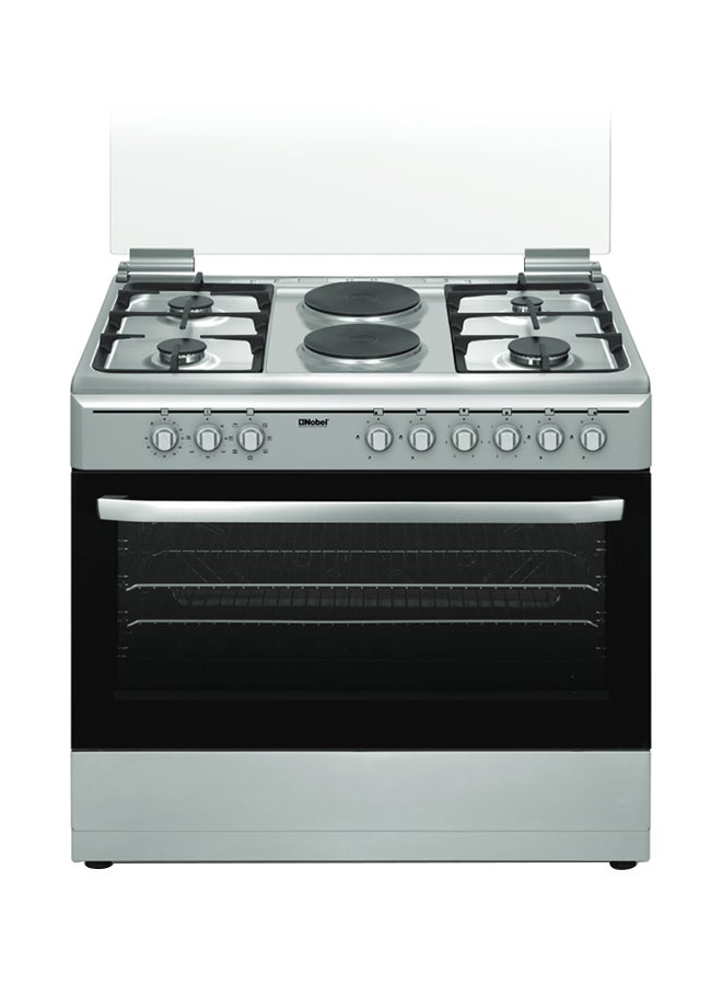 Nobel 90 x 60 Electric & Gas Cooker, 4 Gas Burner, 2 Hot Plate, Electric Grill & Electric Oven, 9 Knob Control, Auto Ignition, Glass Lid, Inner Light, Flame Failure Device Protection,  89.8 x 60.1 x 88 cm, Silver, Made In Turkey NGC9622 Silver  - Image 1
