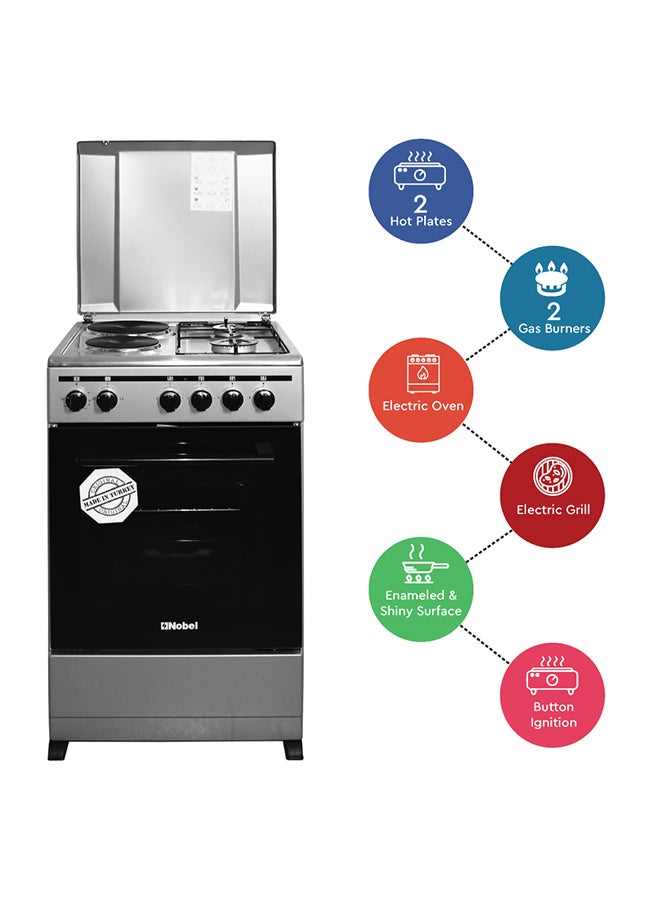 Nobel 50 x 50 Electric & Gas Cooker, 2 Gas Burner, 2 Hot Plate, Electric Grill & Electric Oven, 6 Knob Control, Manual Ignition, Stainless Steel Lid, Inner Light, 49.8 x 54.7 x 86 cm, Silver, Made In Turkey NGC5200-S Silver  - Image 3