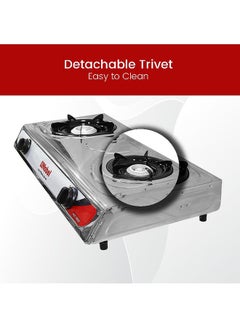 Dual Gas Burner/Gas Stove, 2 Brass Burners with Auto Ignition and Detachable Trivet Product Dimensions: 720 x 390 x 95 (W x D x H) mm NGT2002 Stainless Steel - v1692791850/N11079884A_7