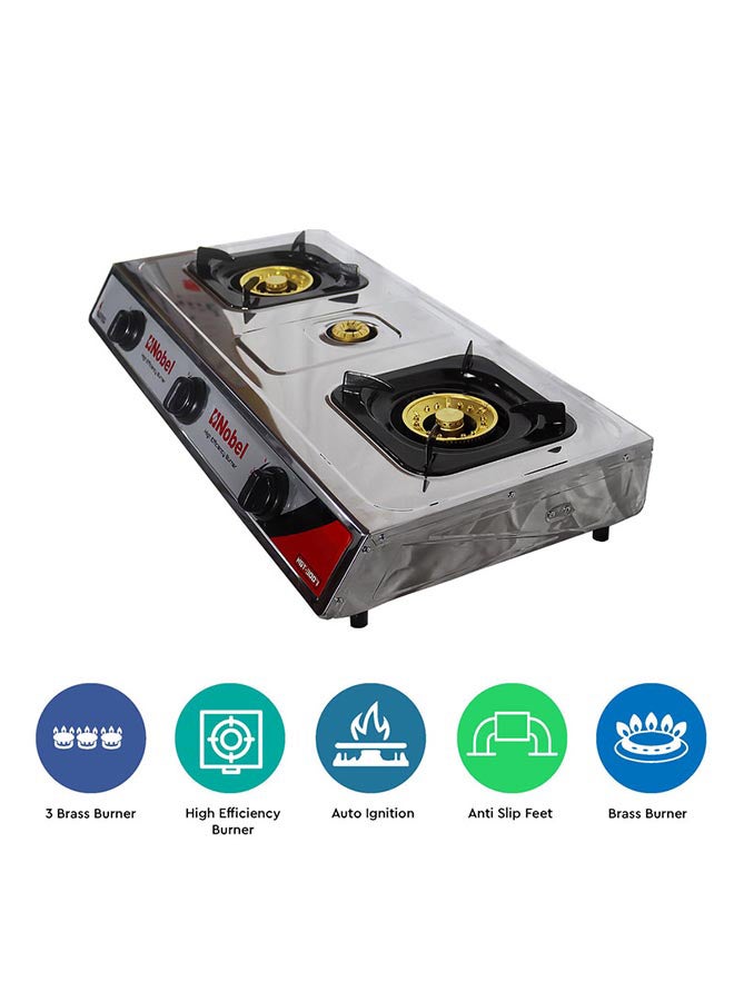 Nobel - 3 Gas Burner/3 High Efficiency Burner Gas Stove Cold Steel Paint Finish Look and Piezo Ignition, with 90mm Single Burner, 40mm Single Burner, 90mm Double Brass Cover NGT3007 Stainless Steel - Image 1