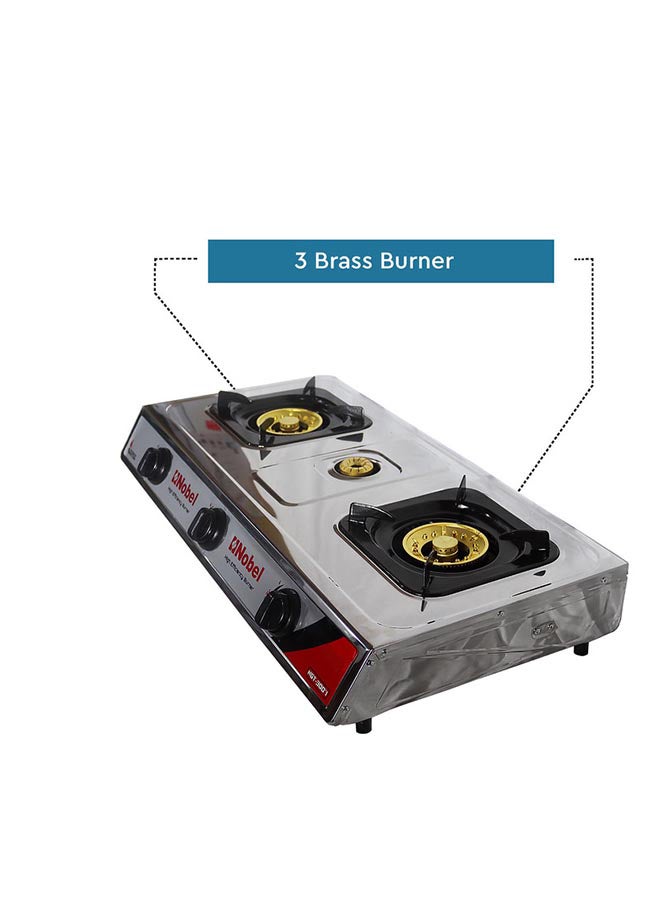 Nobel - 3 Gas Burner/3 High Efficiency Burner Gas Stove Cold Steel Paint Finish Look and Piezo Ignition, with 90mm Single Burner, 40mm Single Burner, 90mm Double Brass Cover NGT3007 Stainless Steel - Image 1