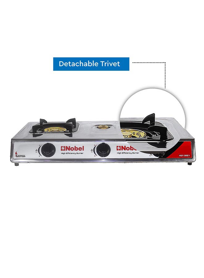 Nobel - 3 Gas Burner/3 High Efficiency Burner Gas Stove Cold Steel Paint Finish Look and Piezo Ignition, with 90mm Single Burner, 40mm Single Burner, 90mm Double Brass Cover NGT3007 Stainless Steel - Image 1