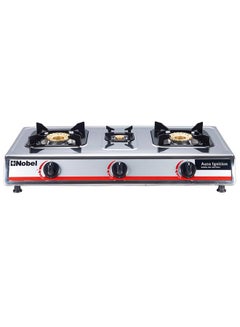 Nobel 3 Gas Burner/3 Brass Burners Gas Stove Stainless Steel Enamel Porcelain Trivet Auto Ignition Tripple Burner 710 x 410 x 140 (W x D x H) mm NGT3001 Silver  - Image 1