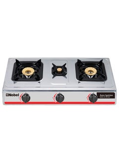 Nobel 3 Gas Burner/3 Brass Burners Gas Stove Stainless Steel Enamel Porcelain Trivet Auto Ignition Tripple Burner 710 x 410 x 140 (W x D x H) mm NGT3001 Silver  - Image 2