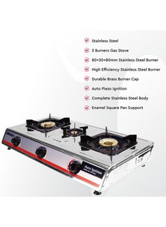 Nobel 3 Gas Burner/3 Brass Burners Gas Stove Stainless Steel Enamel Porcelain Trivet Auto Ignition Tripple Burner 710 x 410 x 140 (W x D x H) mm NGT3001 Silver  - Image 5