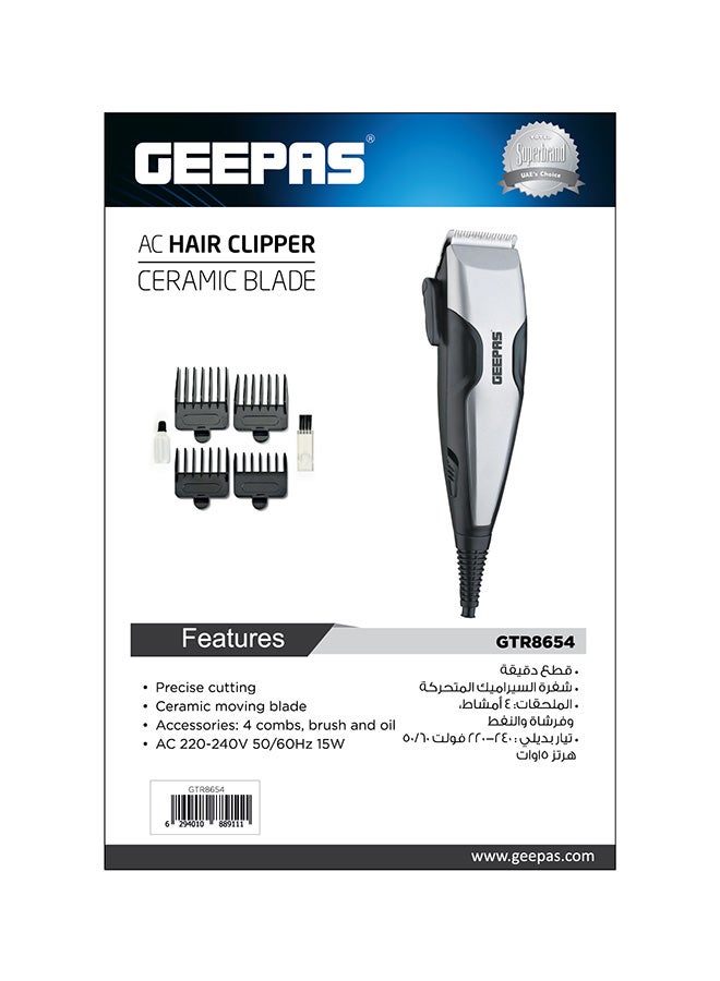 GEEPAS - GTR8654 Hair Clipper With Ceramic Blade- Styling Tools, Hair Trimmer Cutting Professional Grooming Clippers With 4 Combs, Brush And Oil For Adult And Kids, 15W Silver/Black - Image 1