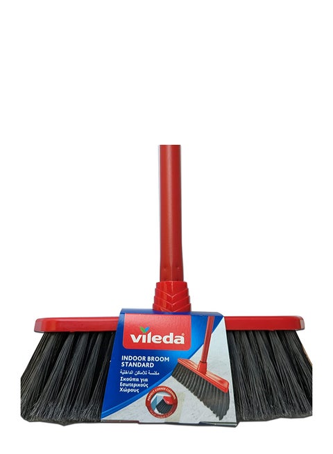 Vileda Standard Indoor Floor Broom With Stick, All Types Of Floors, Perfect Corner Cleaning, Lightweight Red/Black 30 x 5 x 140cm