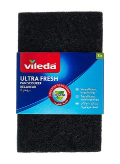 Ultra Fresh Pan Flat Scourer 3 Pcs, Antibacterial, Abrasive fiber, Durable, Multipurpose - Black & Green (3 Pcs Per Pack) Green/Black