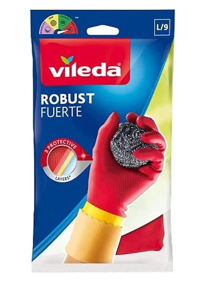 Vileda Protector Durable Household Gloves – Reusable Heavy‑Duty Cleaning Gloves with Textured Grip & Extended Cuff for Wrist Coverage – Size L (9) – Household Cleaning Gloves Red/Yellow Large