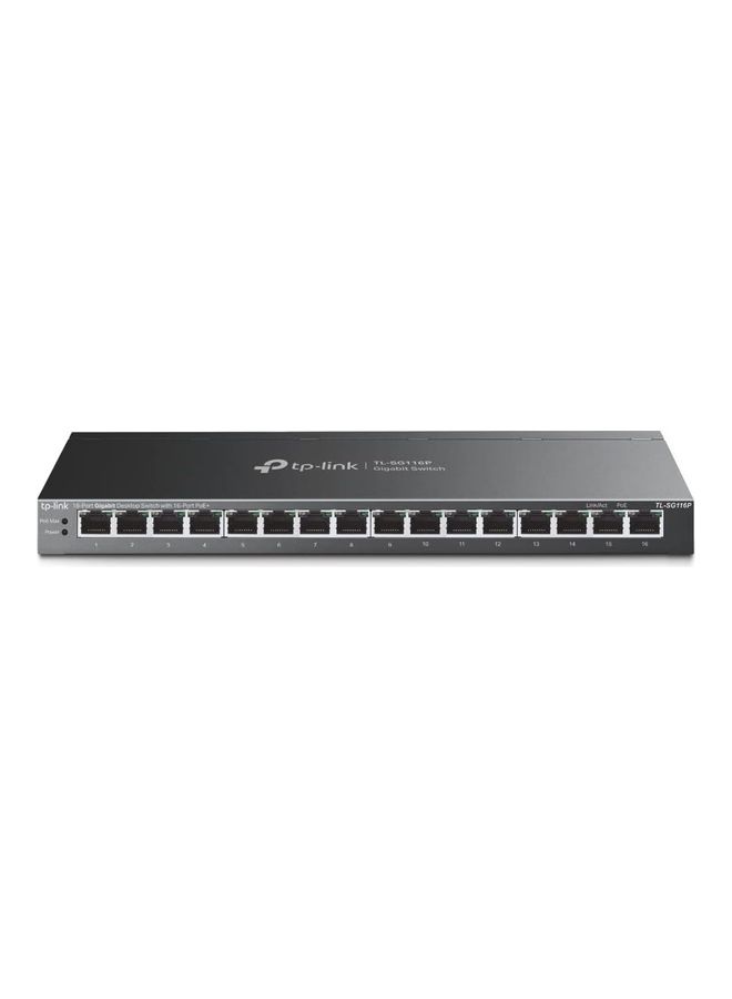 تي بي لينك TL-SG116P | 16 Port Gigabit PoE Switch | 16 PoE+ Ports @120W | Plug & Play | Extend, Priority & Isolation Mode | PoE Auto Recovery | Fanless | QoS & IGMP Snooping | Limited Lifetime Protection Black