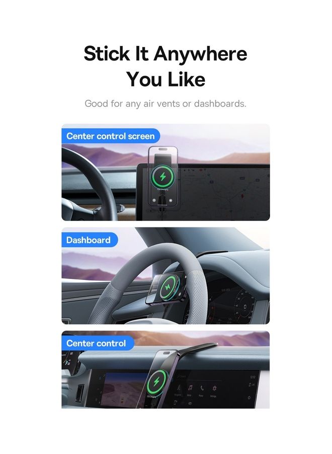 15W Wireless MagSafe Car Mount Charger – High-Quality Magnetic Fast Charger With Stable Grip For iPhone 16 Pro Max/Plus, 15 Pro Max/Plus, 14, 13, 12, Samsung S25/S24/S23, Ultra-Fast Charging, Qi-Certified, Adjustable Viewing Angle, Dashboard Mount, Compatible with Tesla, SUVs, Trucks, Universal Fit, Compact Design, Durable Build, Anti-Slip, Heat Resistant, Easy Installation, Wireless Car Charger Holder, Hands-Free Charging, Safe and Secure Black