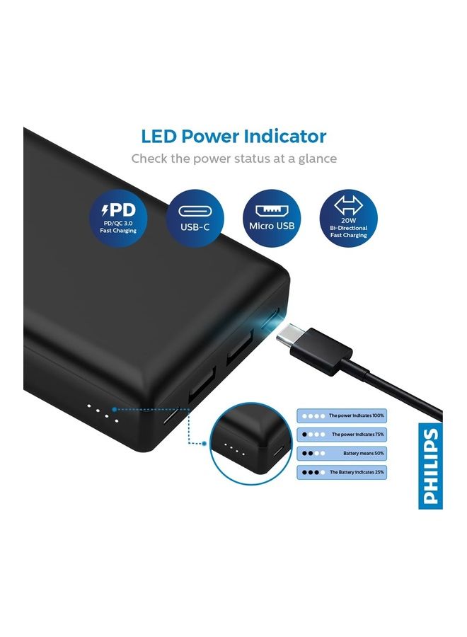 Philips 20000 mAh Portable Power Bank 1 USB C 2 USB A Ports Compatible With iPhone Android, Air pod, iPad And More Black - Image 2