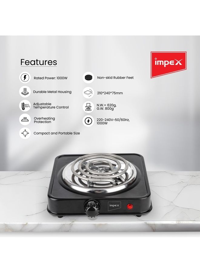 Impex Electric Single Coil Hot Plate With Power, Durable Metal Housing, Adjustable Temperature Control, Overheat Protection 1000.0 W HP 100 Black - Image 4