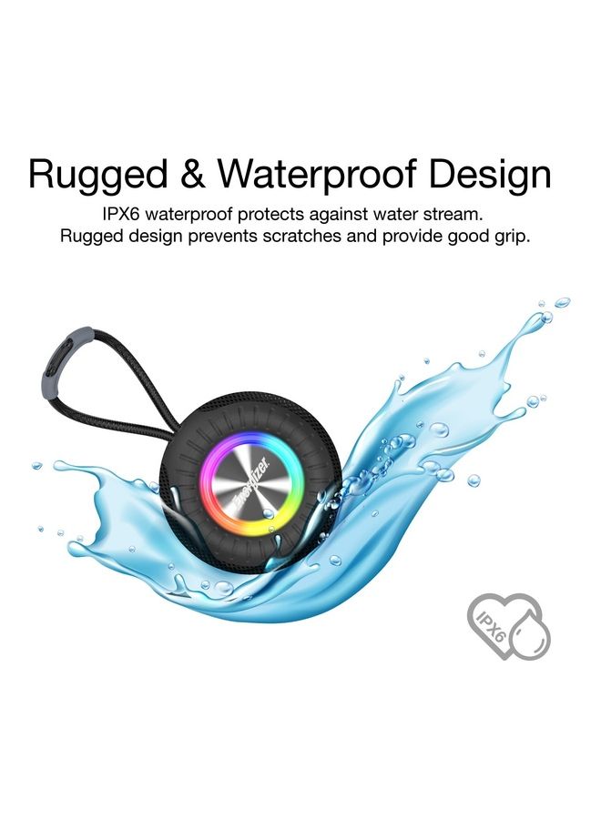 Energizer BTS-064 Waterproof Portable Bluetooth Speaker, LED Party Rim lights, IPX6, FM Feature, Power Bank Feature, 6W Black  - Image 4